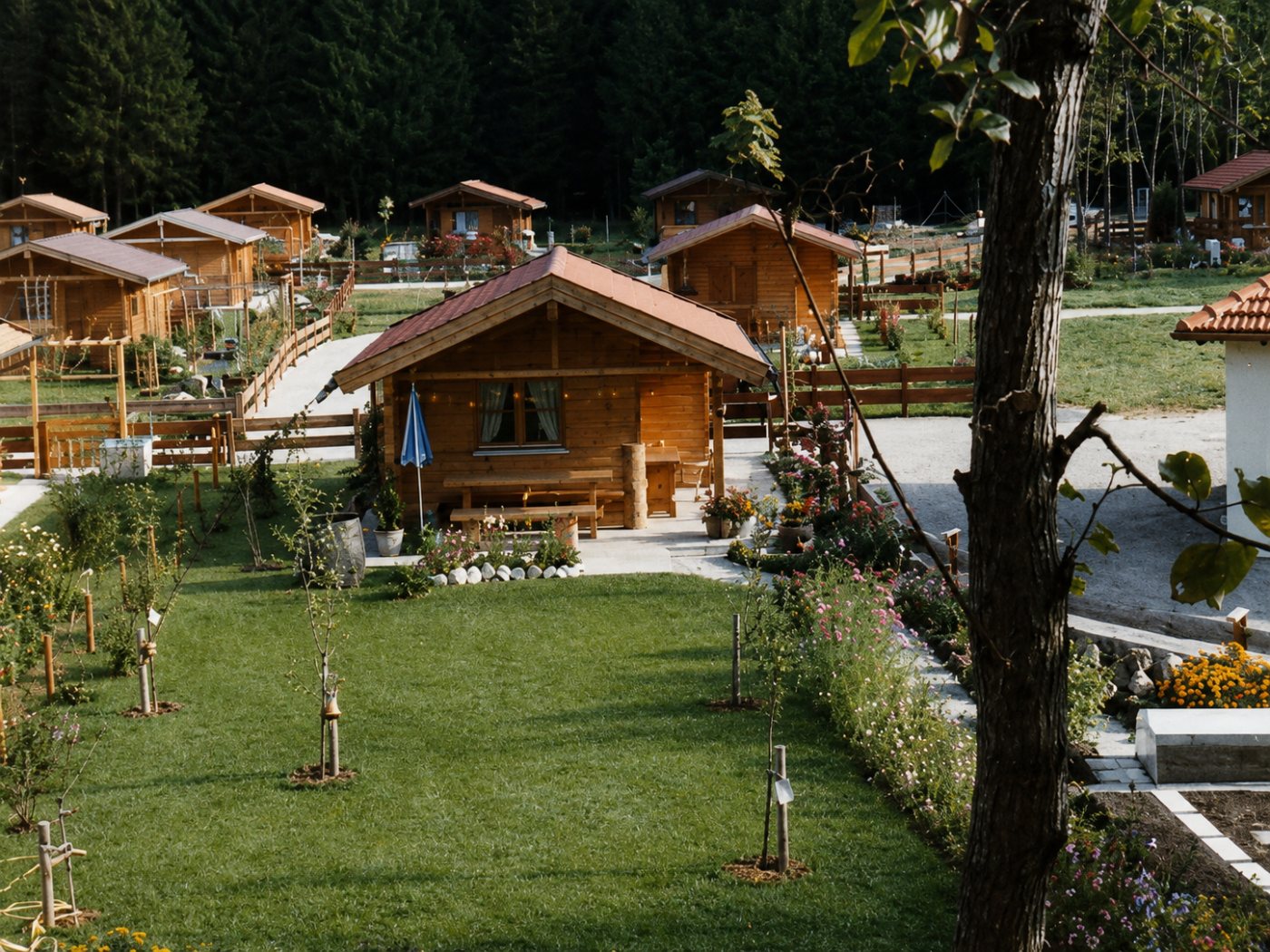 Holzlaube mit blühendem Garten an einem Sommerabend